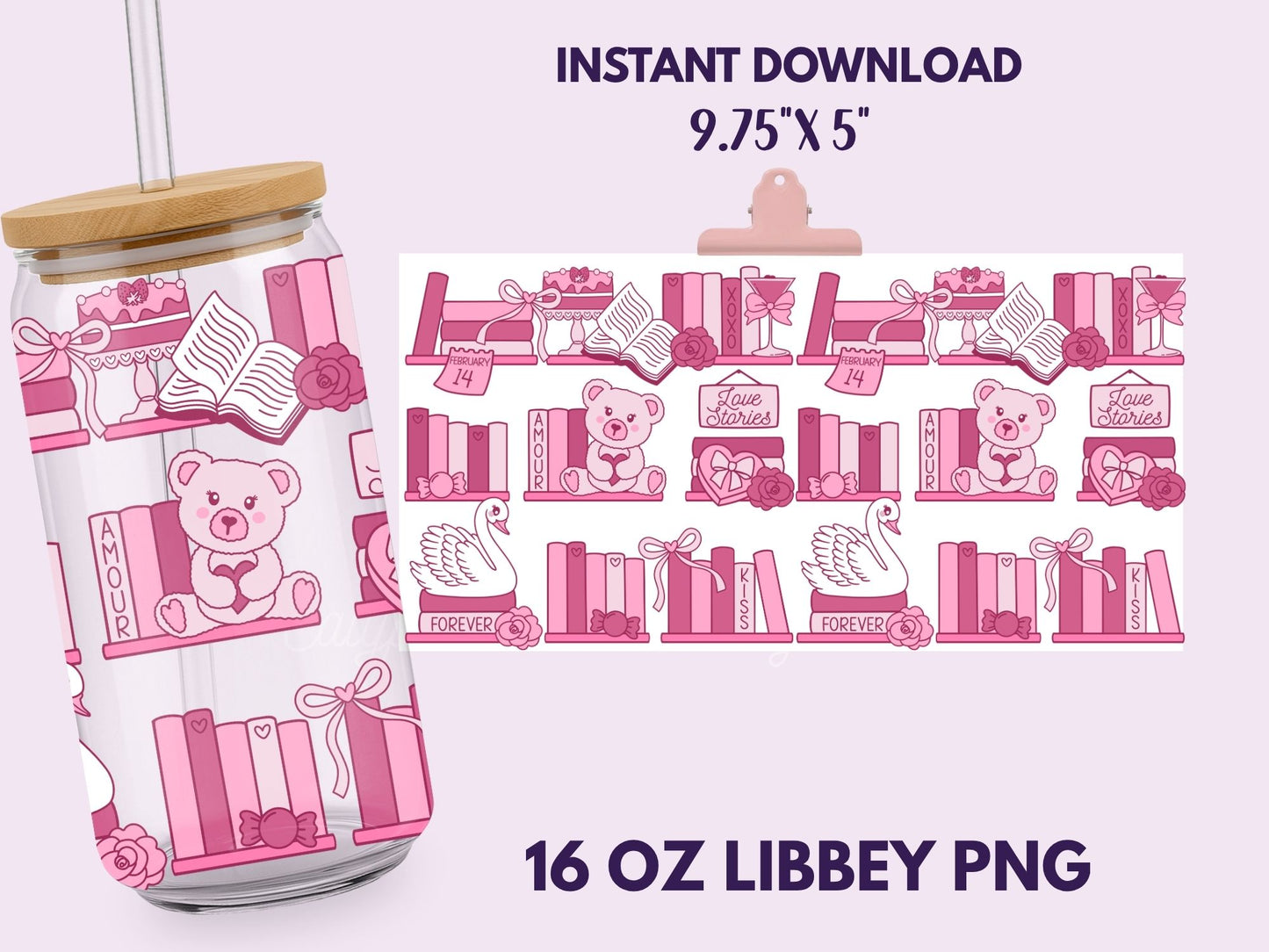 Coquette Valentine Shelf 16 oz Libbey Cup Wrap, Bookish Designs