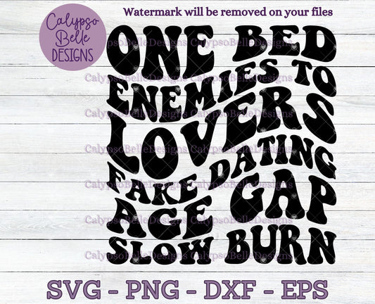 One Bed, Enemies to Lovers, Fake Dating, Age Gap, Slow Burn, Book Tropes Wavy Retro Design