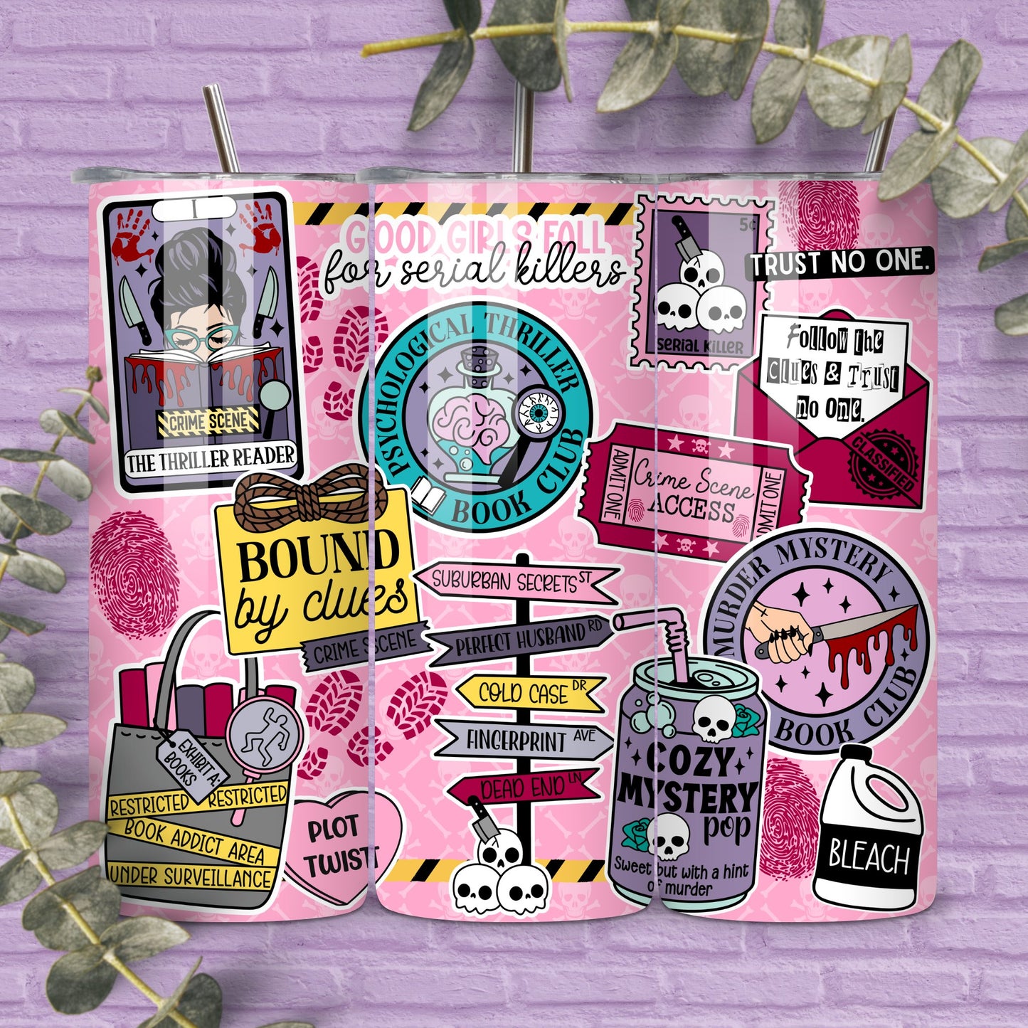 Thriller Reader 20 oz Skinny Tumbler Seamless Wrap, Bookish Pattern