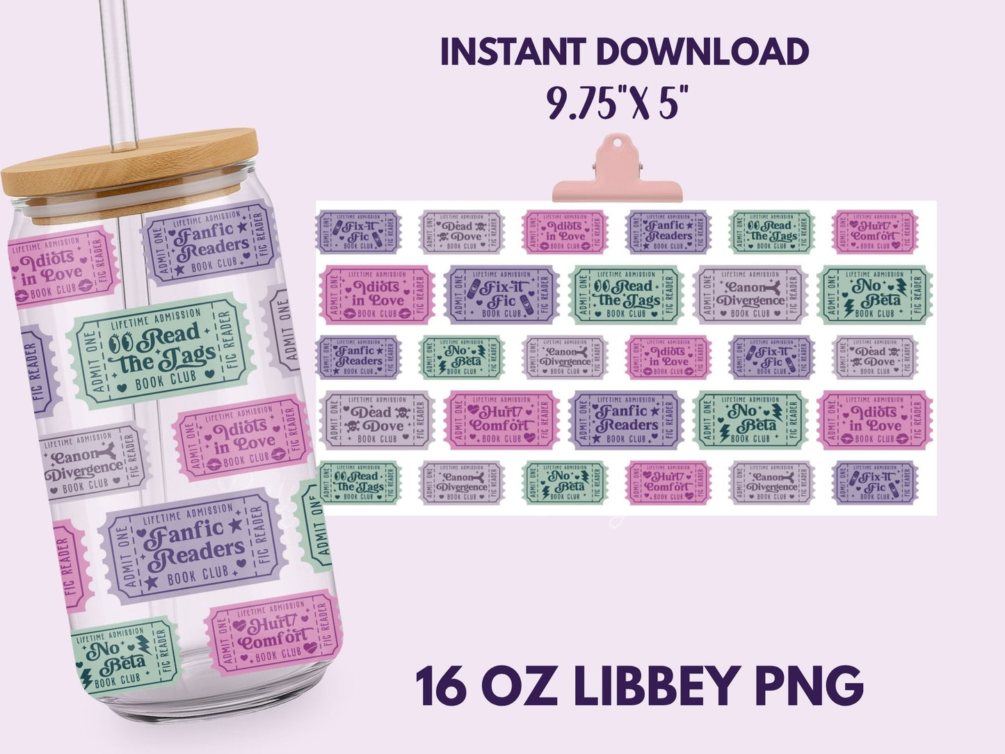 Fanfic Reader Admit One Tickets 16 oz Libbey Cup Wrap, Bookish Designs