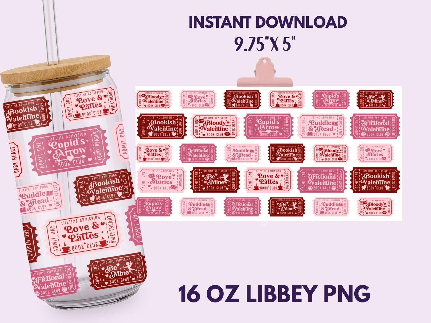 Valentine's Reader Admit One Tickets 16 oz Libbey Cup Wrap, Bookish Designs