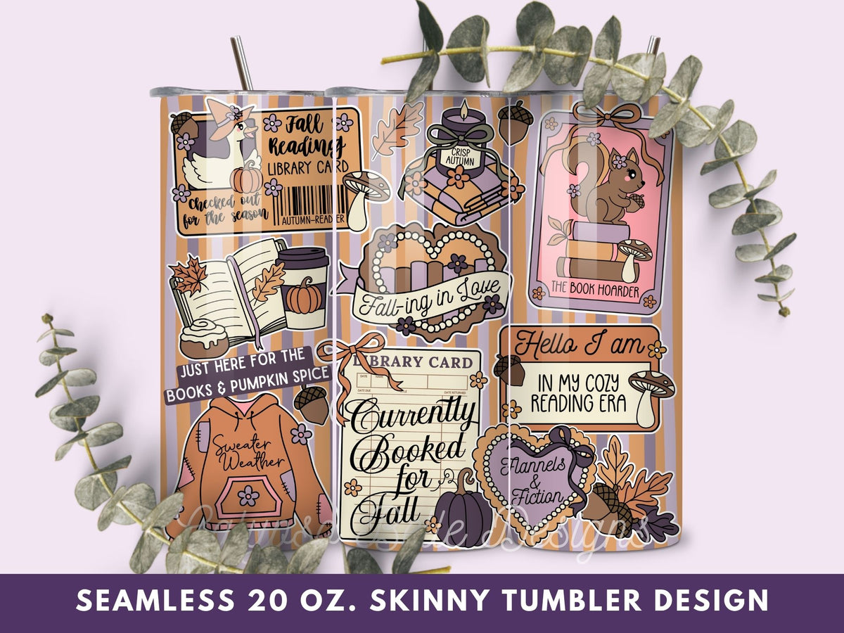 Fall Cozy Romance Reader 20 oz Skinny Tumbler Seamless Wrap