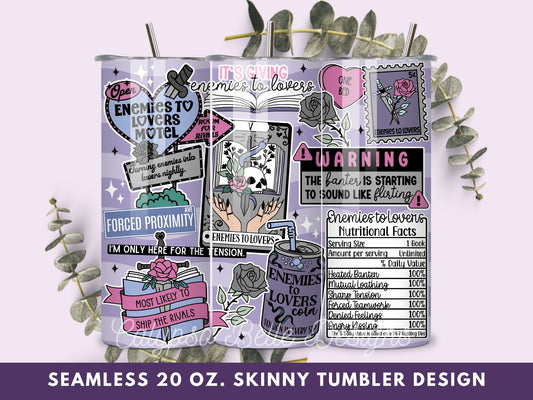 Enemies to Lovers Reader 20 oz Skinny Tumbler Seamless Wrap, Bookish Pattern