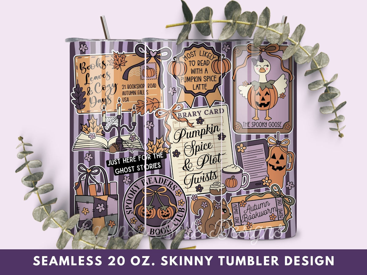 Fall Cozy Romance Reader 20 oz Skinny Tumbler Seamless Wrap