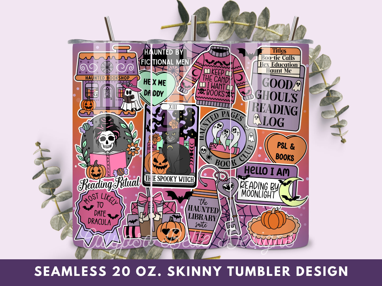 Halloween Spooky Reader 20 oz Skinny Tumbler Seamless Wrap, Bookish Pattern