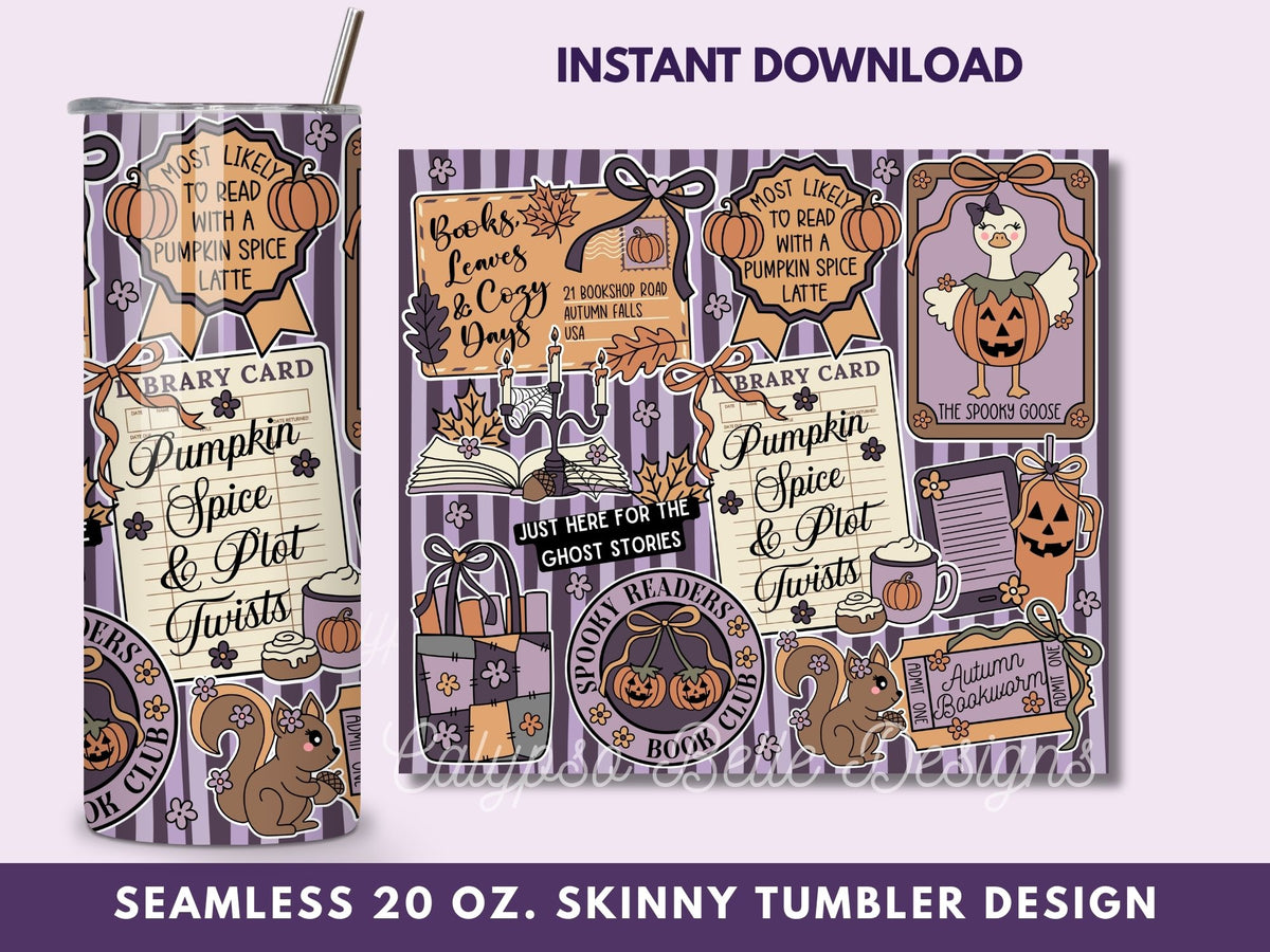 Fall Cozy Romance Reader 20 oz Skinny Tumbler Seamless Wrap