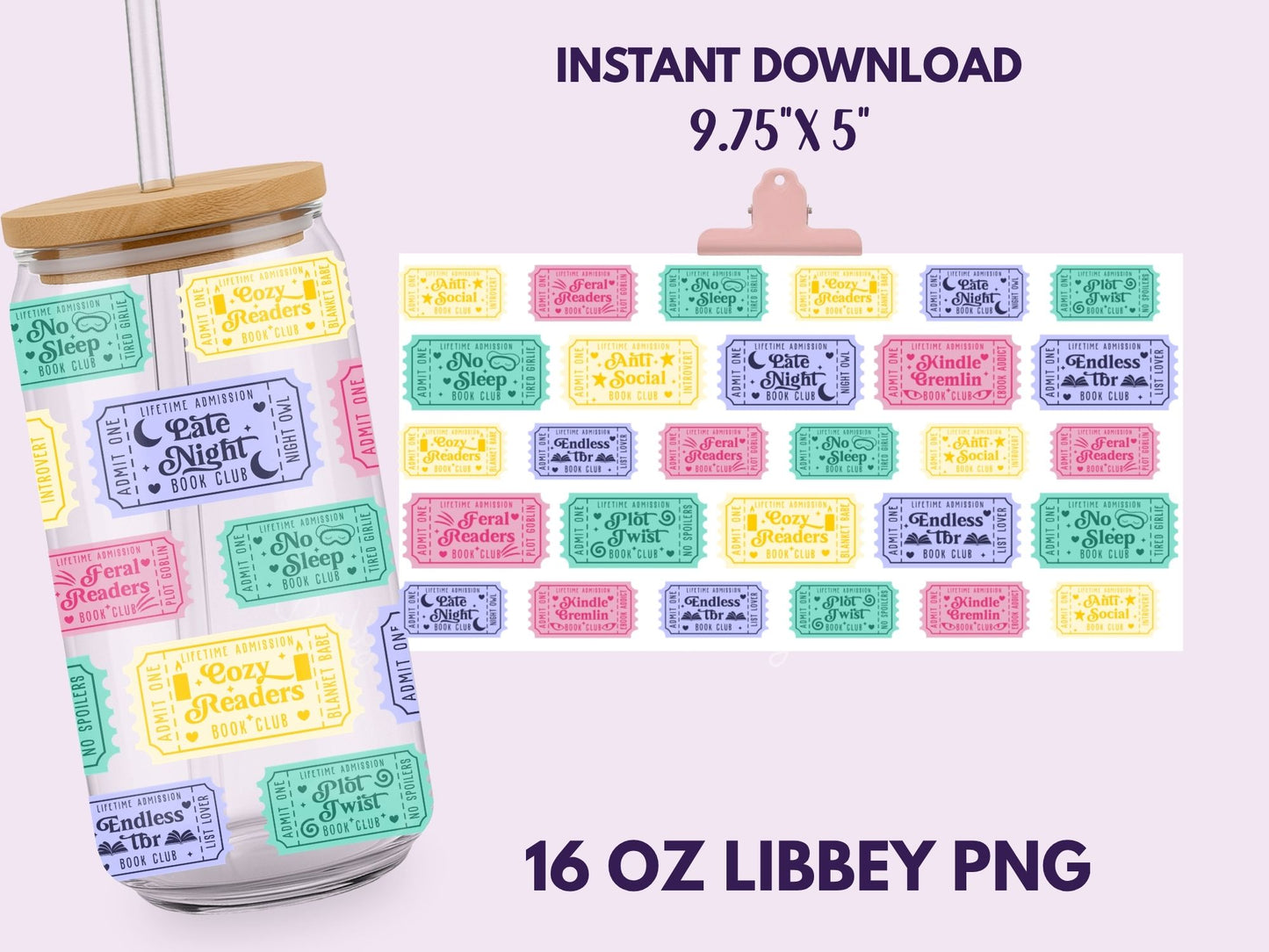 Reader Admit One Tickets 16 oz Libbey Cup Wrap, Bookish Designs