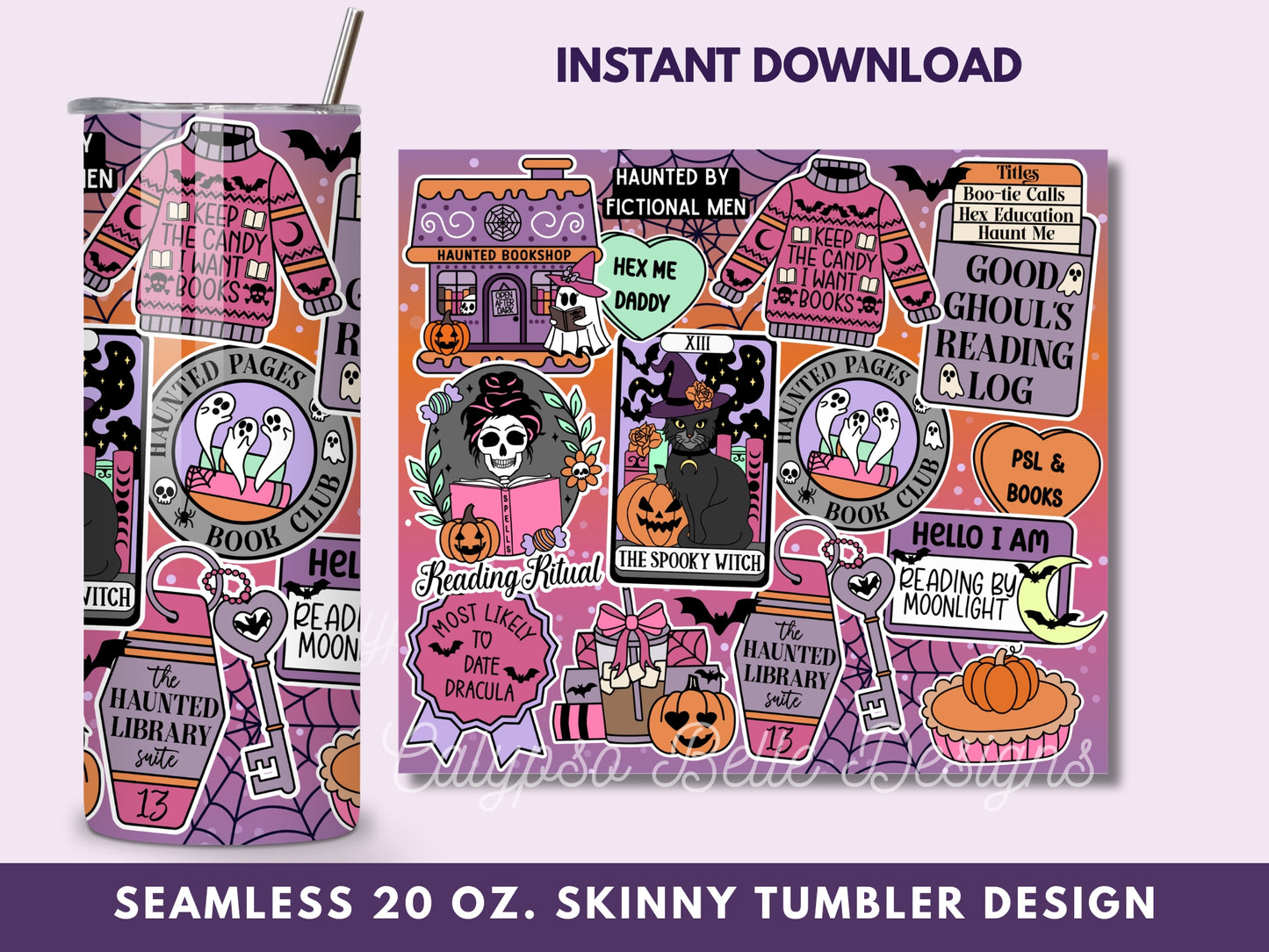 Halloween Spooky Reader 20 oz Skinny Tumbler Seamless Wrap, Bookish Pattern