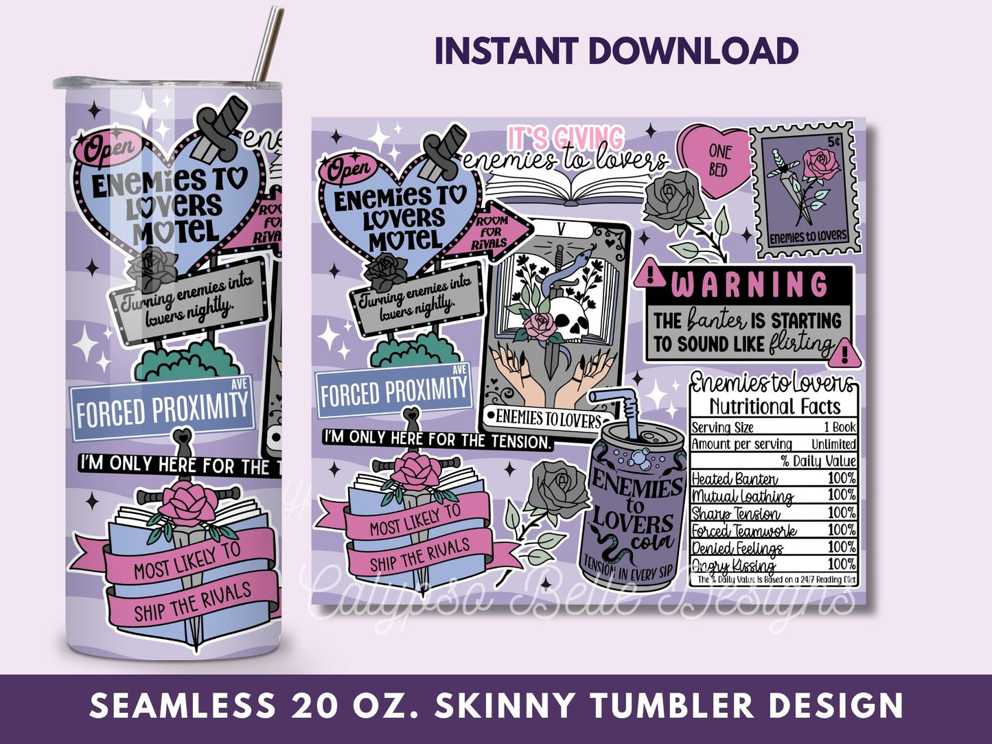 Enemies to Lovers Reader 20 oz Skinny Tumbler Seamless Wrap, Bookish Pattern