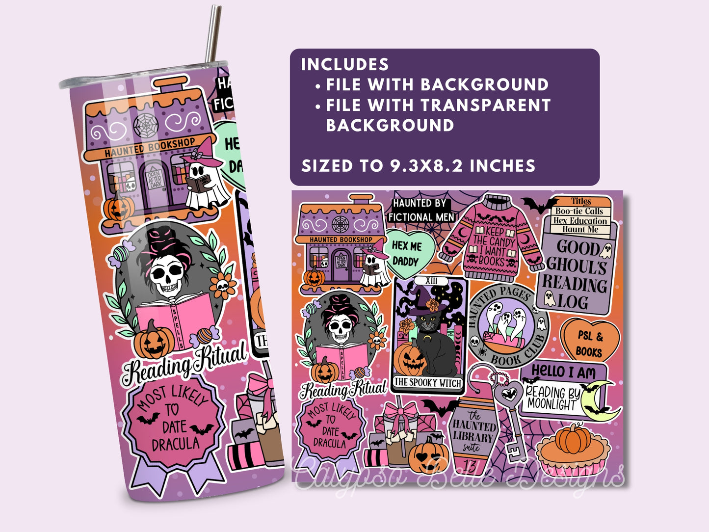 Halloween Spooky Reader 20 oz Skinny Tumbler Seamless Wrap, Bookish Pattern