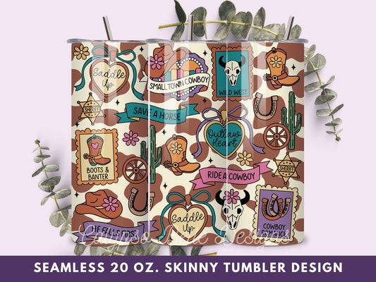Cowboy Romance Reader 20 oz Skinny Tumbler Seamless Wrap, Bookish Pattern