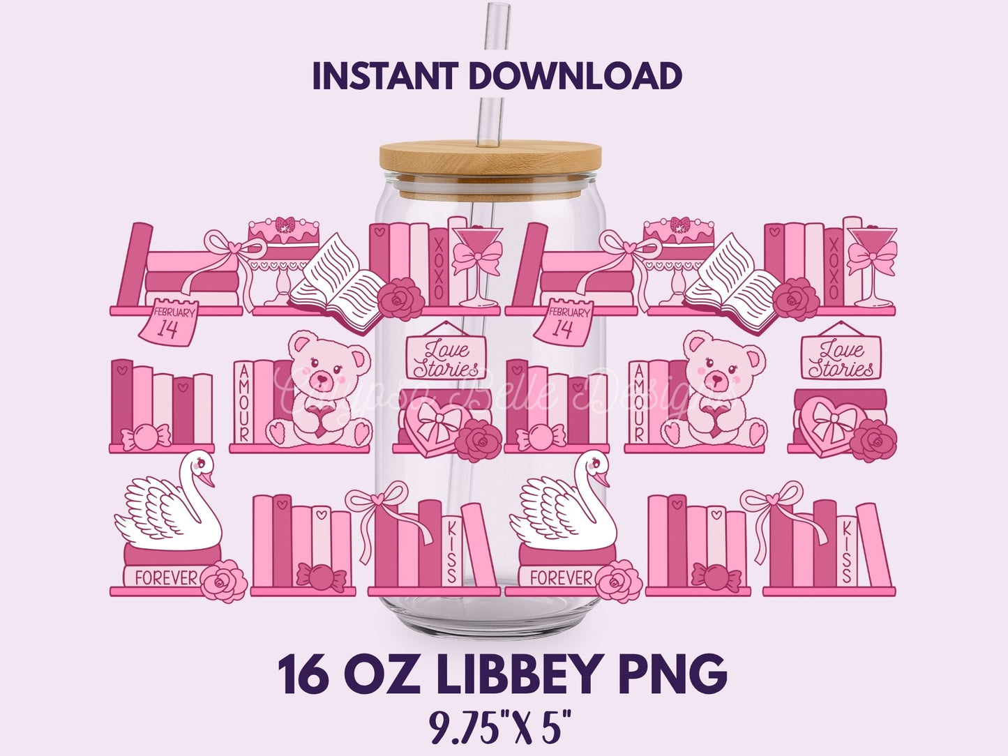 Coquette Valentine Shelf 16 oz Libbey Cup Wrap, Bookish Designs