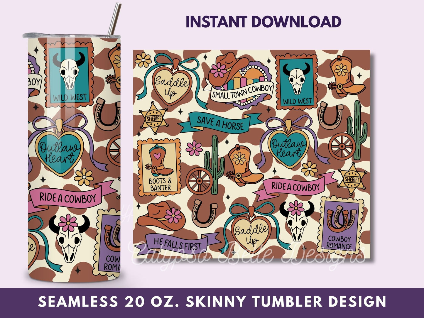 Cowboy Romance Reader 20 oz Skinny Tumbler Seamless Wrap, Bookish Pattern