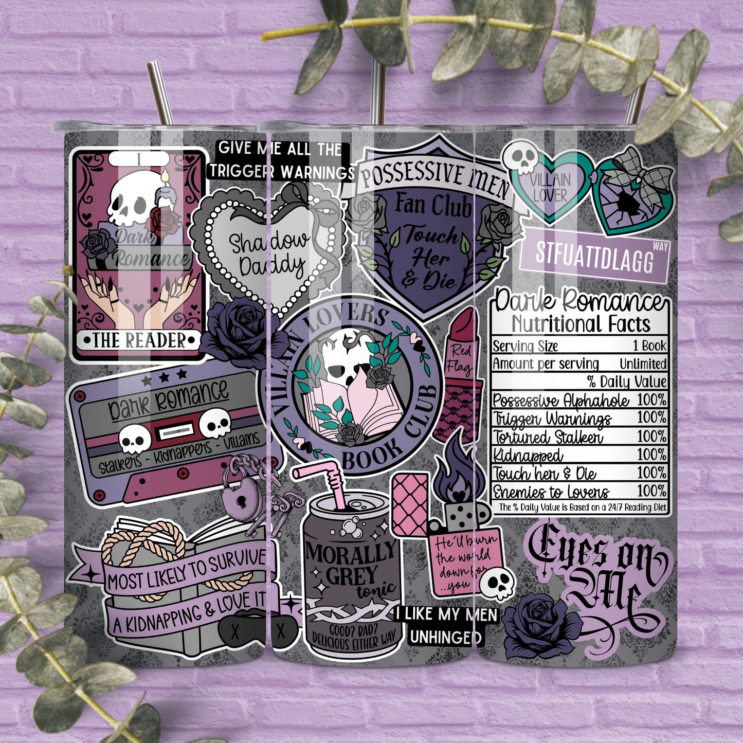Dark Romance Reader Reader 20 oz Skinny Tumbler Seamless Wrap, Bookish Pattern