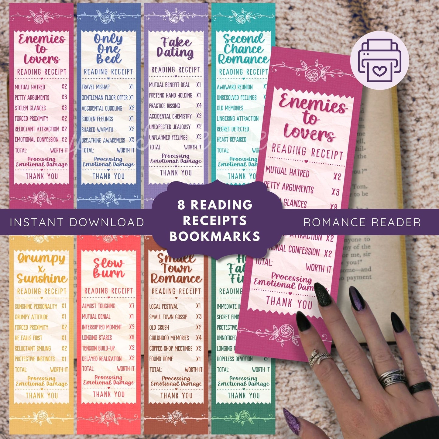 Romance Reading Receipt Bookmark Bundle, Printable Bookmarks Bundle