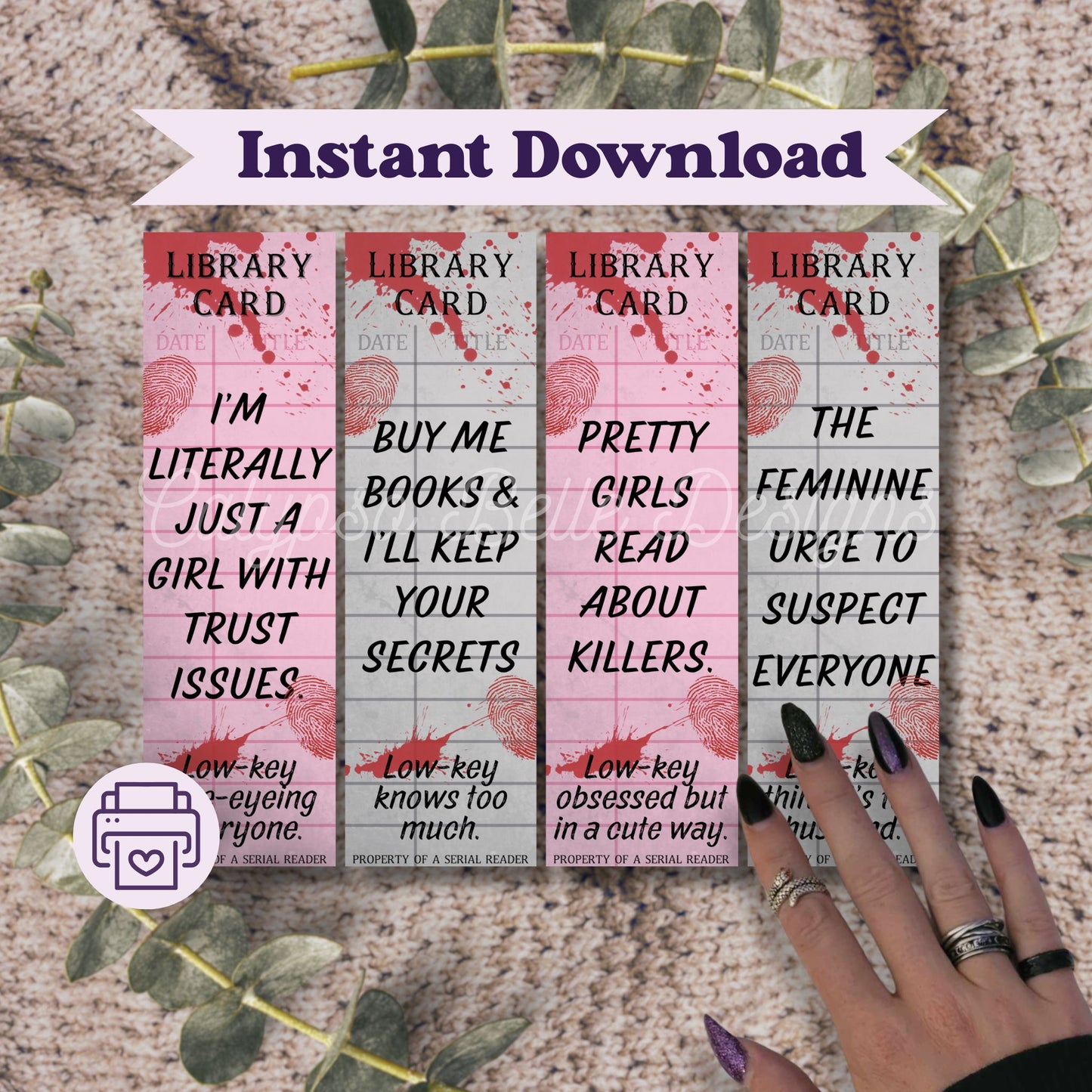 Thriller Library Card Bookmark Bundle, Printable Bookmarks Bundle