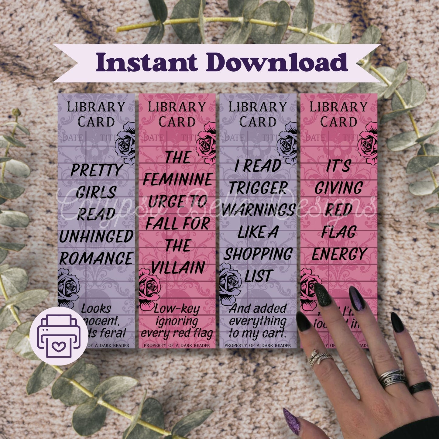 Dark Romance Library Card Bookmark Bundle, Printable Bookmarks Bundle