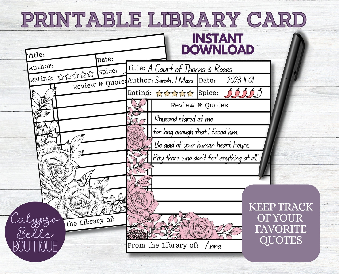 Library Card Printable with Spice Rating