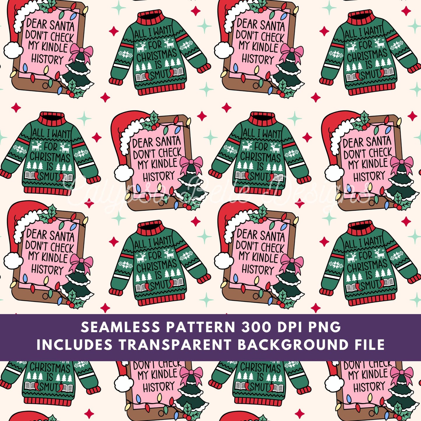 Dear Santa Don't Check my Kindle History Seamless Pattern, Bookish Pattern, Christmas Pattern