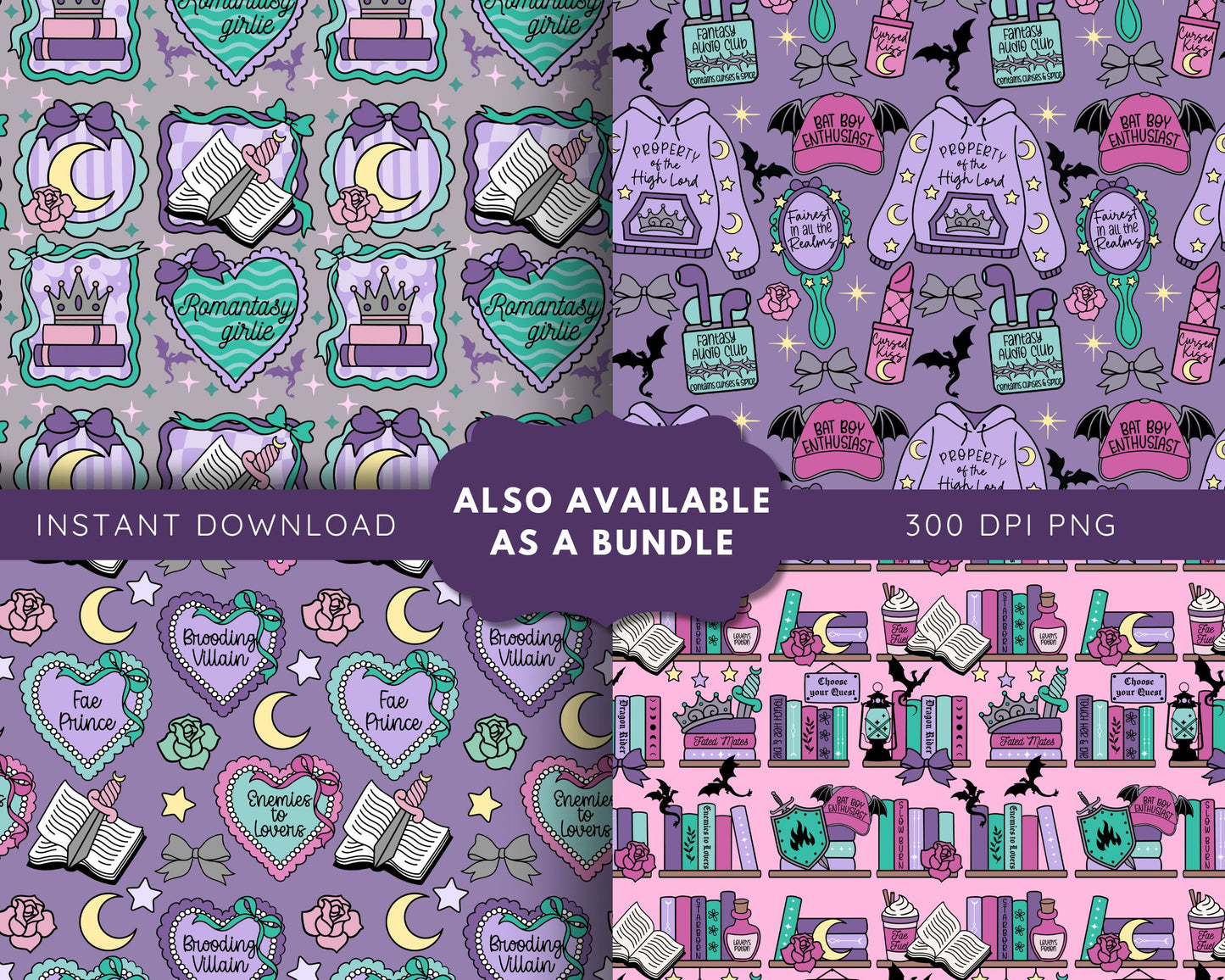 Fantasy Romance Frames Coquette Seamless Pattern, Bookish Pattern