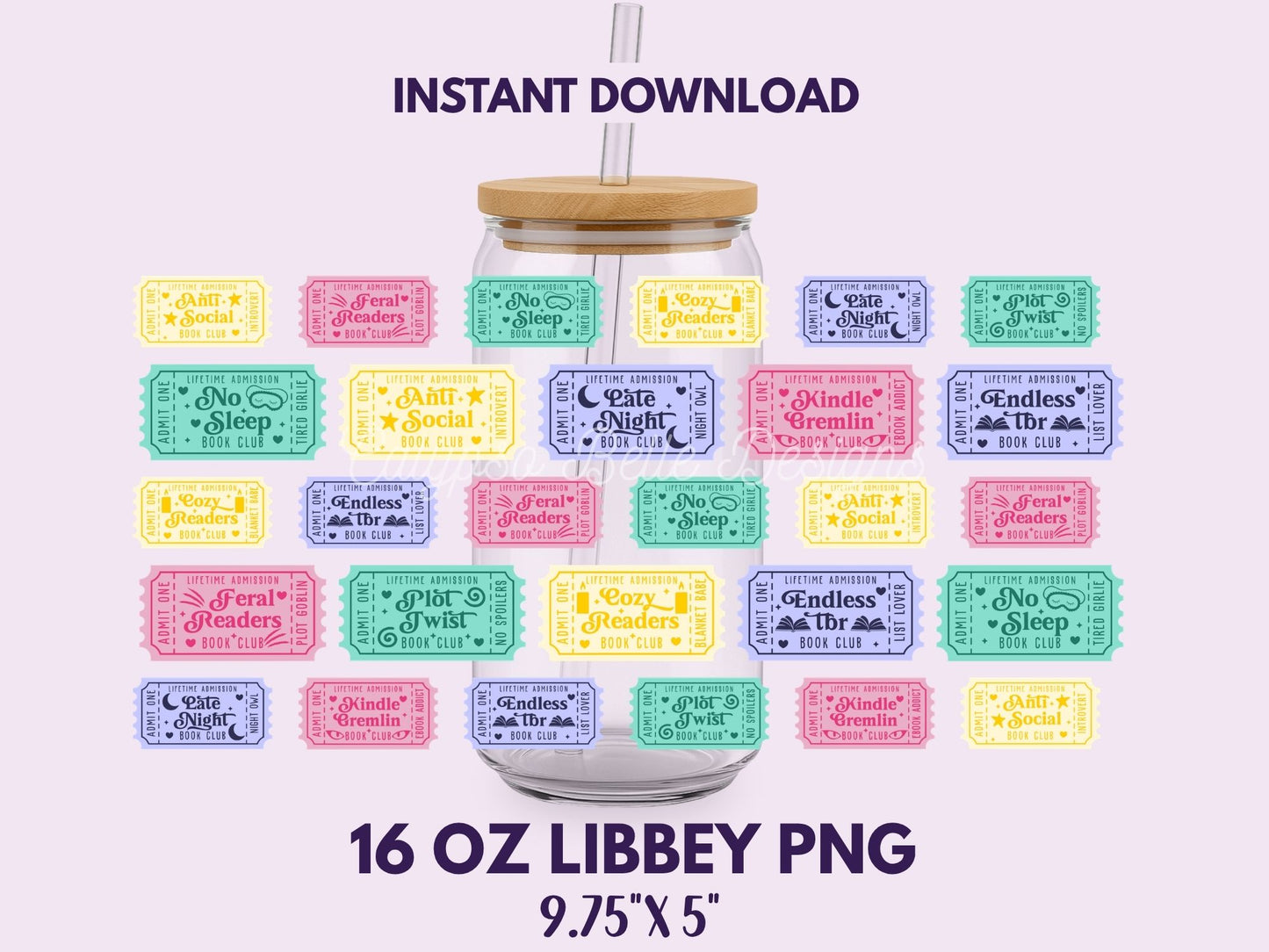 Reader Admit One Tickets 16 oz Libbey Cup Wrap, Bookish Designs