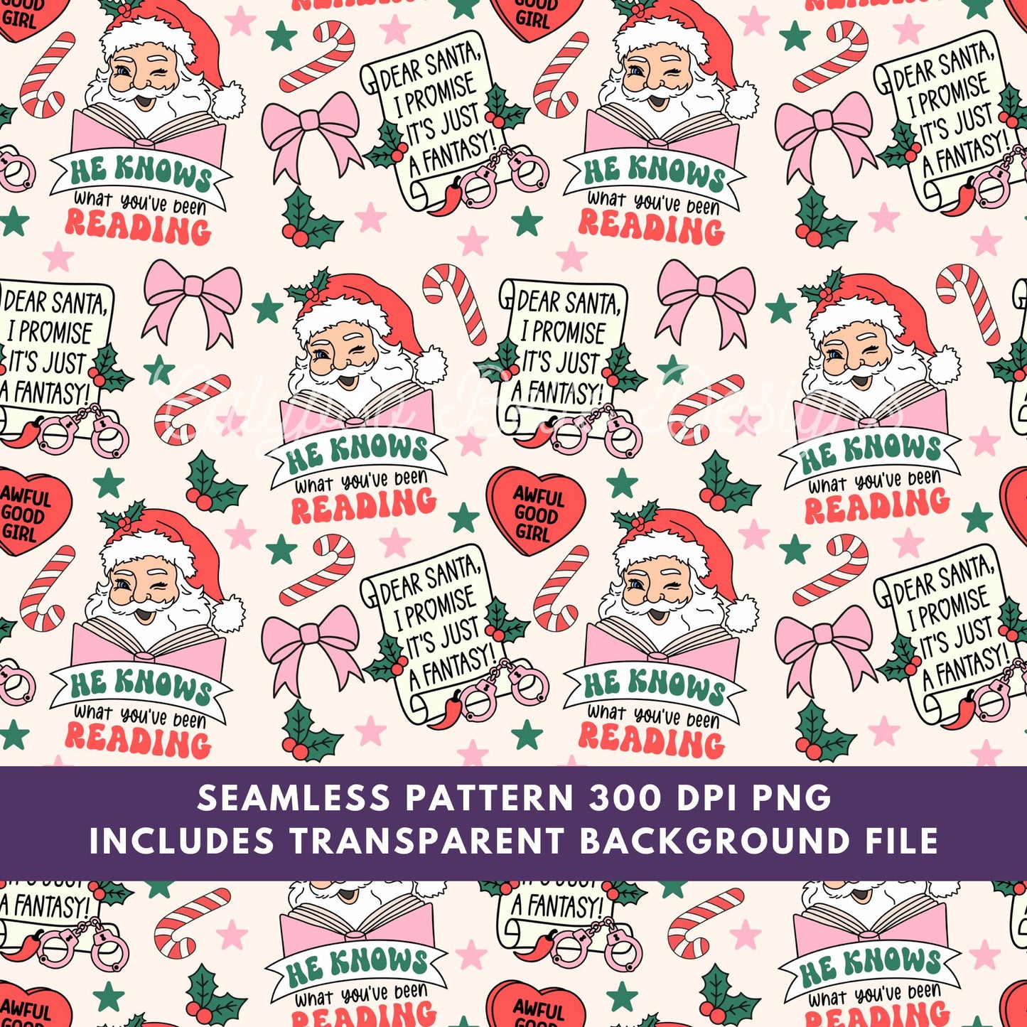 Santa Knows Seamless Pattern, Bookish Pattern, Christmas Pattern