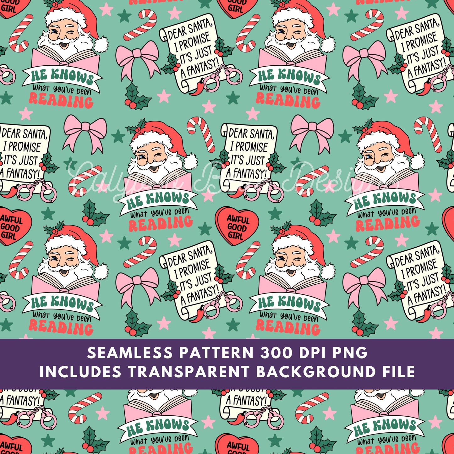 Santa Knows Seamless Pattern, Bookish Pattern, Christmas Pattern
