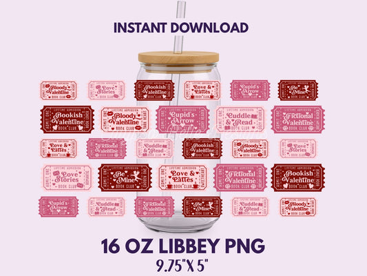 Valentine's Reader Admit One Tickets 16 oz Libbey Cup Wrap, Bookish Designs