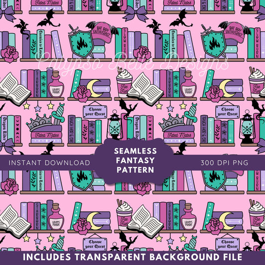 Fantasy Romance Shelf Coquette Seamless Pattern, Bookish Pattern