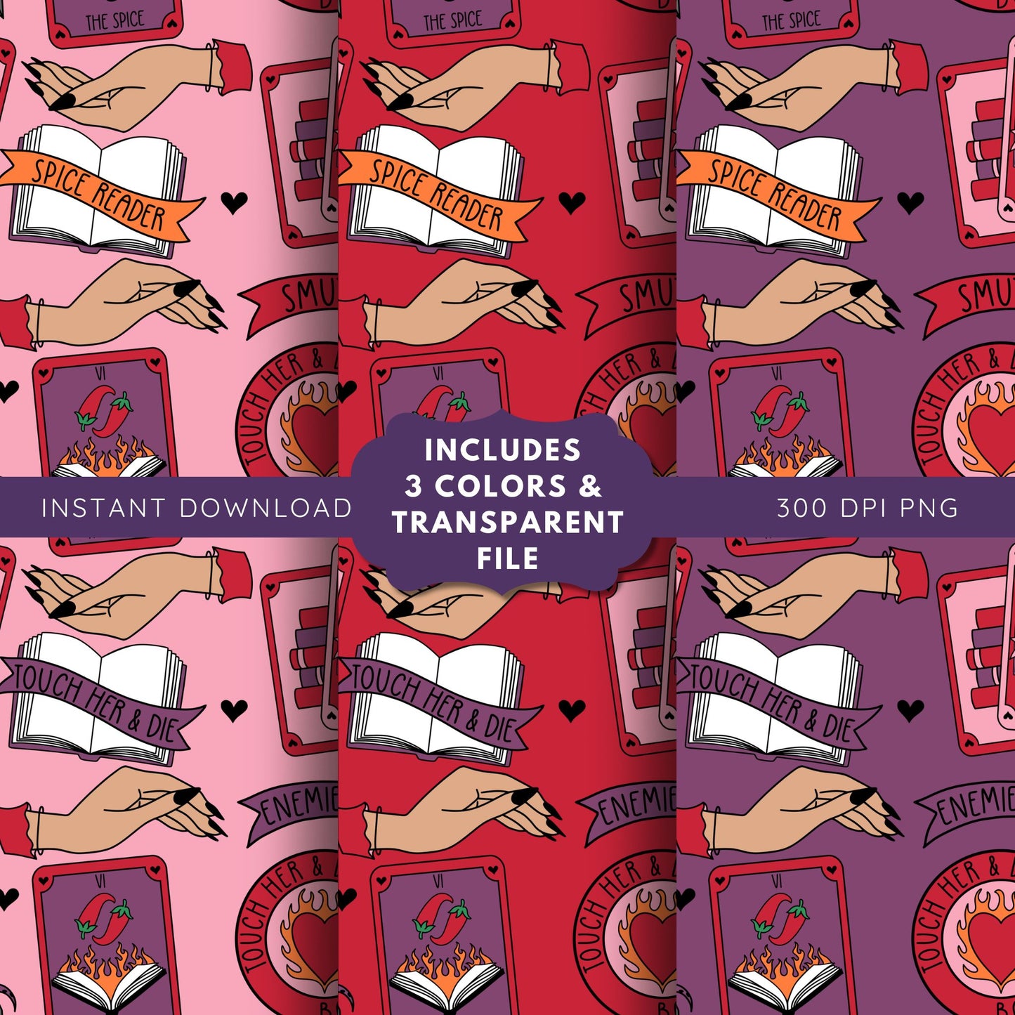 Reader Tropes Tarot Romance Seamless Pattern, Smut Bookish Pattern