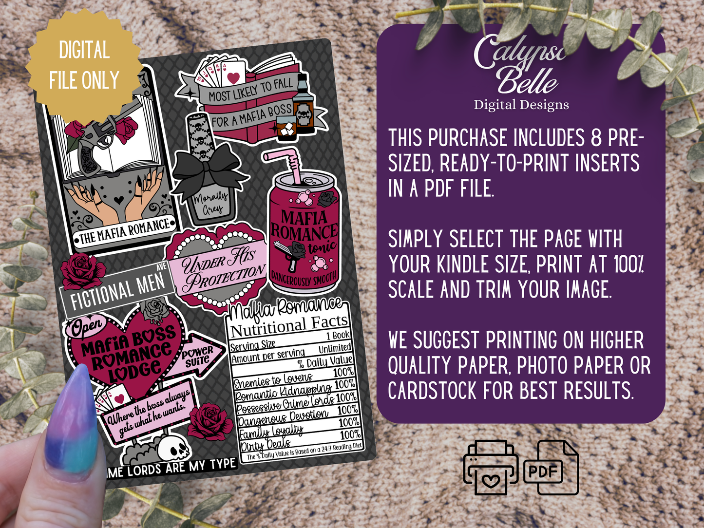 Mafia Romance, Villain Lover, Printable Kindle & Kobo Insert