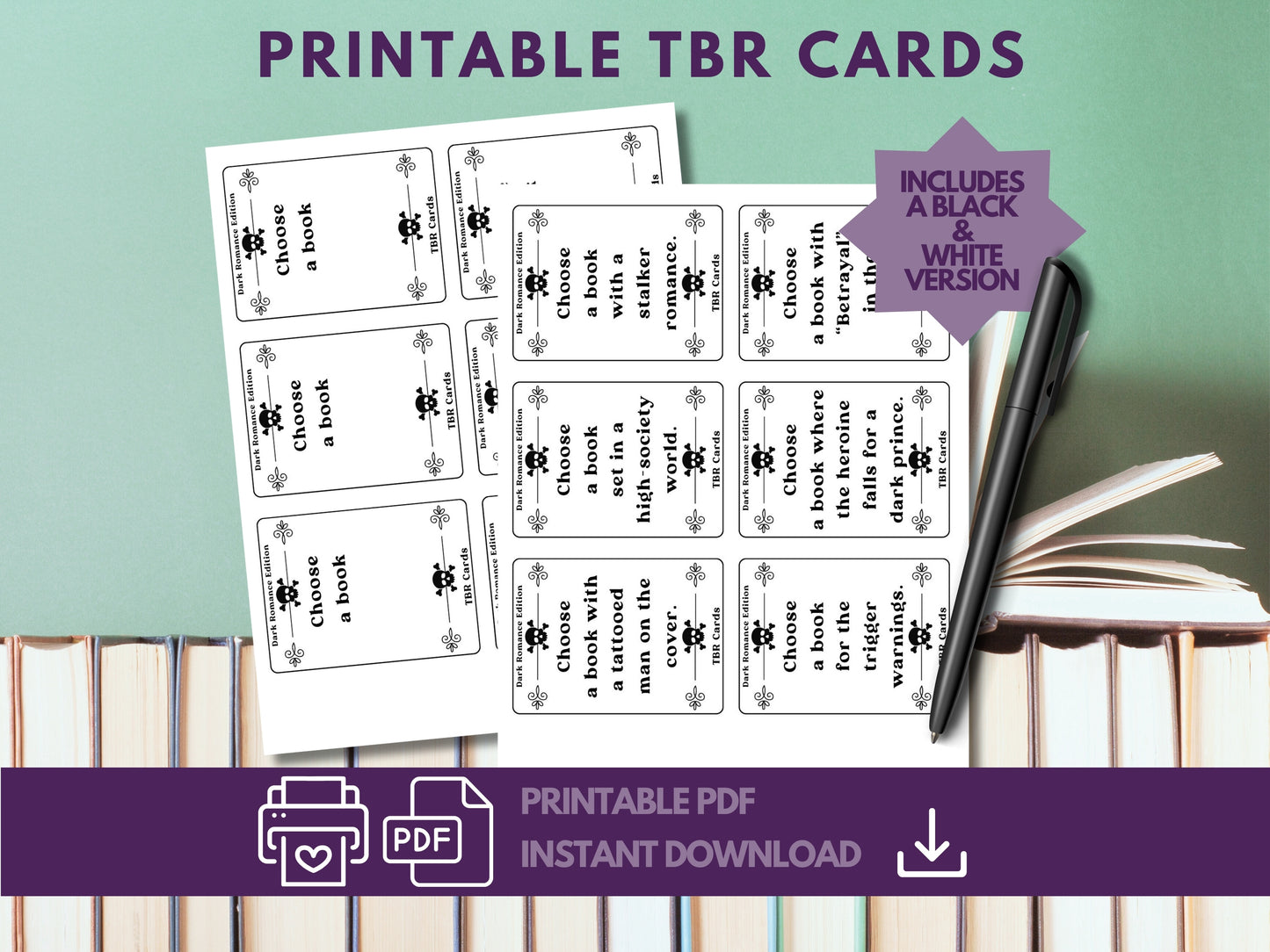 Dark Romance Edition, TBR Cards Printable, TBR Jar Printable, Bookish Printable