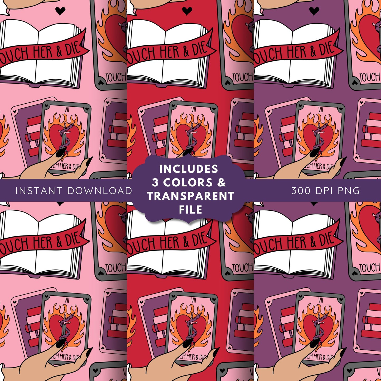 Touch her & Die Reader Tarot Romance Seamless Pattern, Smut Bookish Pattern