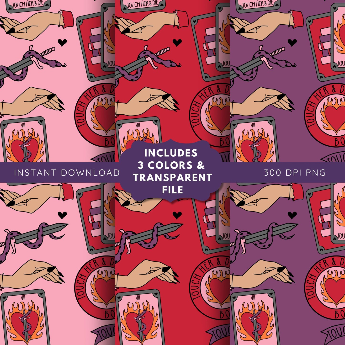 Touch her & Die Reader Tarot Romance Seamless Pattern, Smut Bookish Pattern