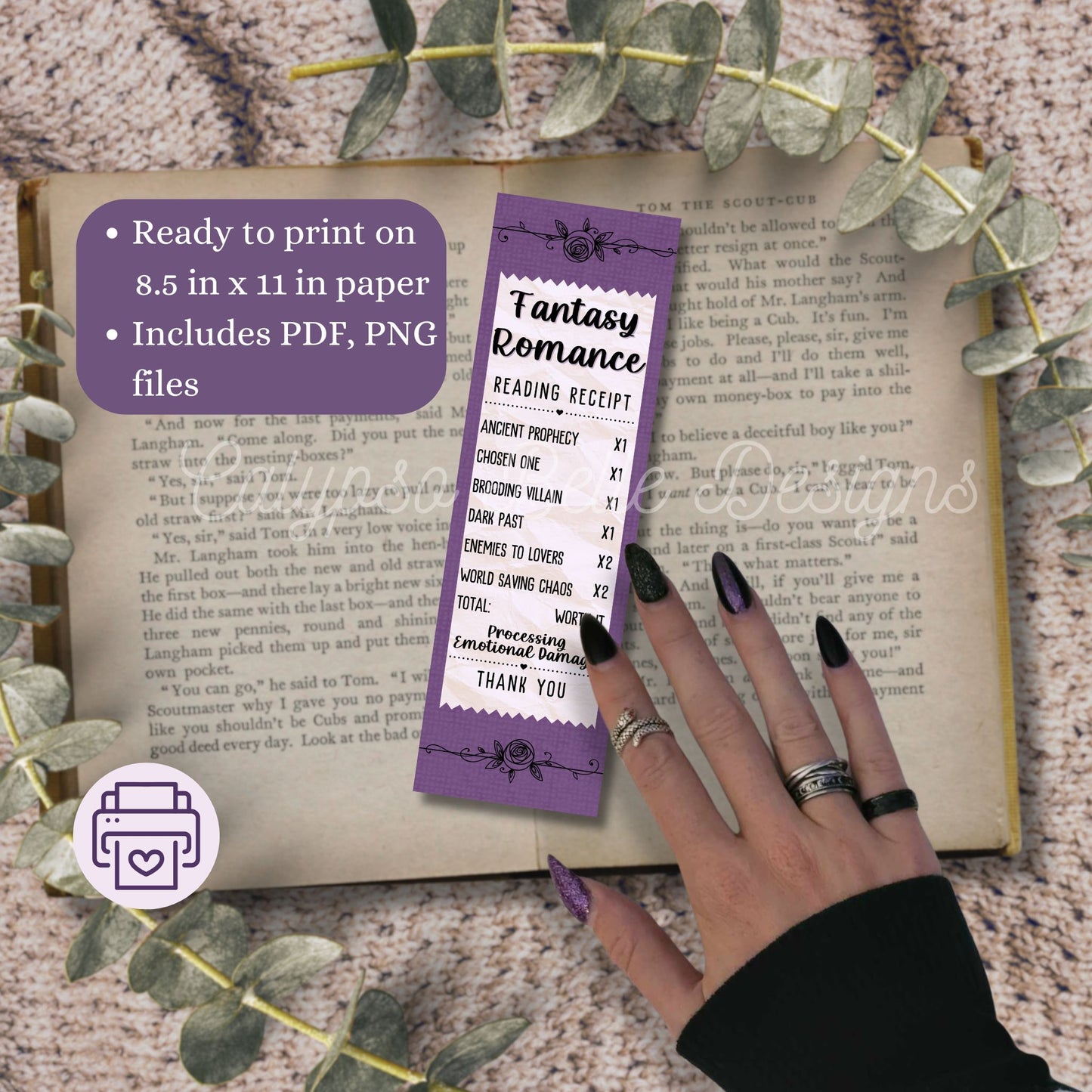 Fantasy Romance Reading Receipt Bookmark Bundle, Printable Bookmarks Bundle