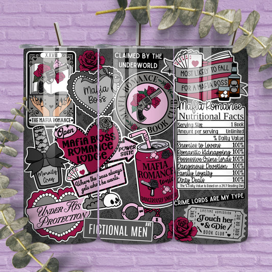 Mafia Romance Reader Reader 20 oz Skinny Tumbler Seamless Wrap, Bookish Pattern