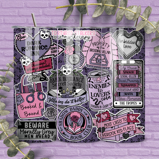 Dark Romance Reader Reader 20 oz Skinny Tumbler Seamless Wrap, Bookish Pattern