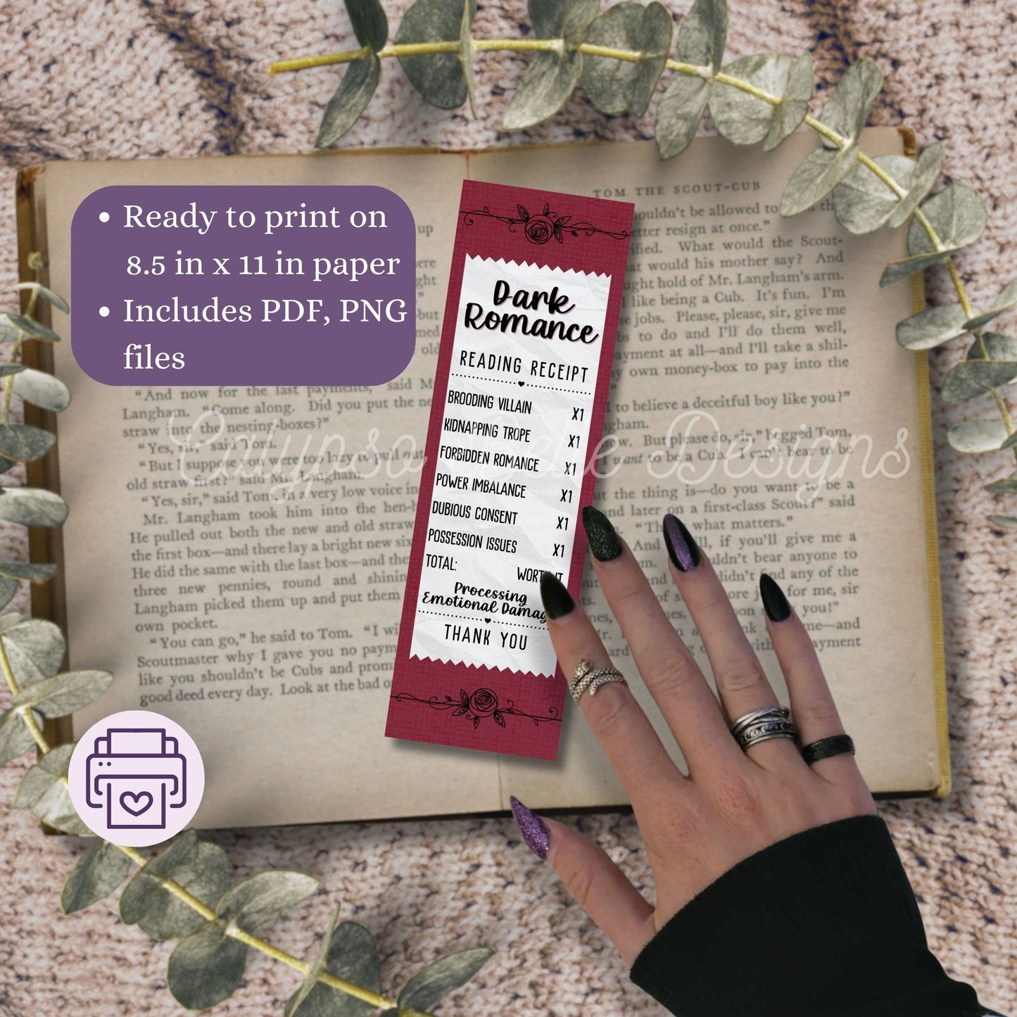 Dark Romance Reading Receipt Bookmark Bundle, Printable Bookmarks Bundle