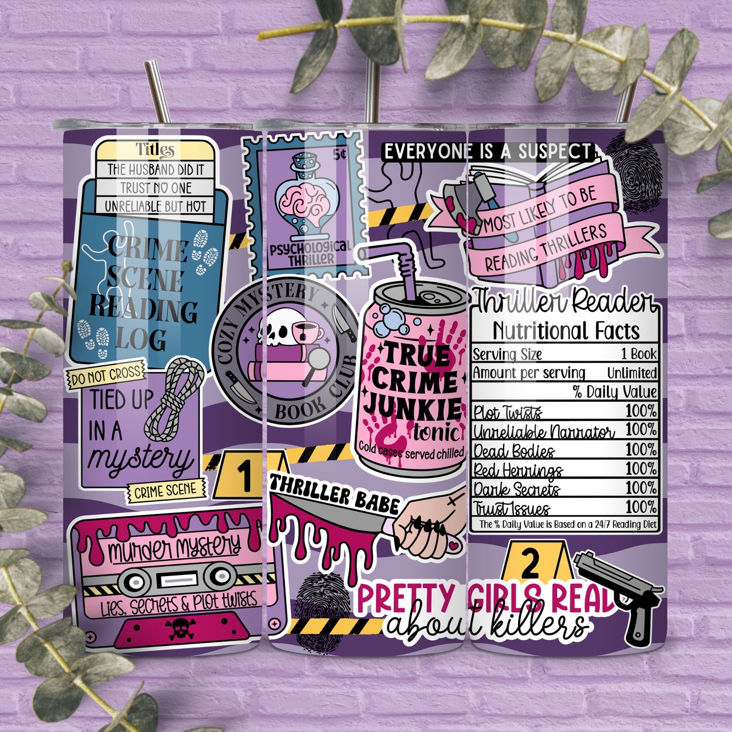 Thriller Reader 20 oz Skinny Tumbler Seamless Wrap, Bookish Pattern