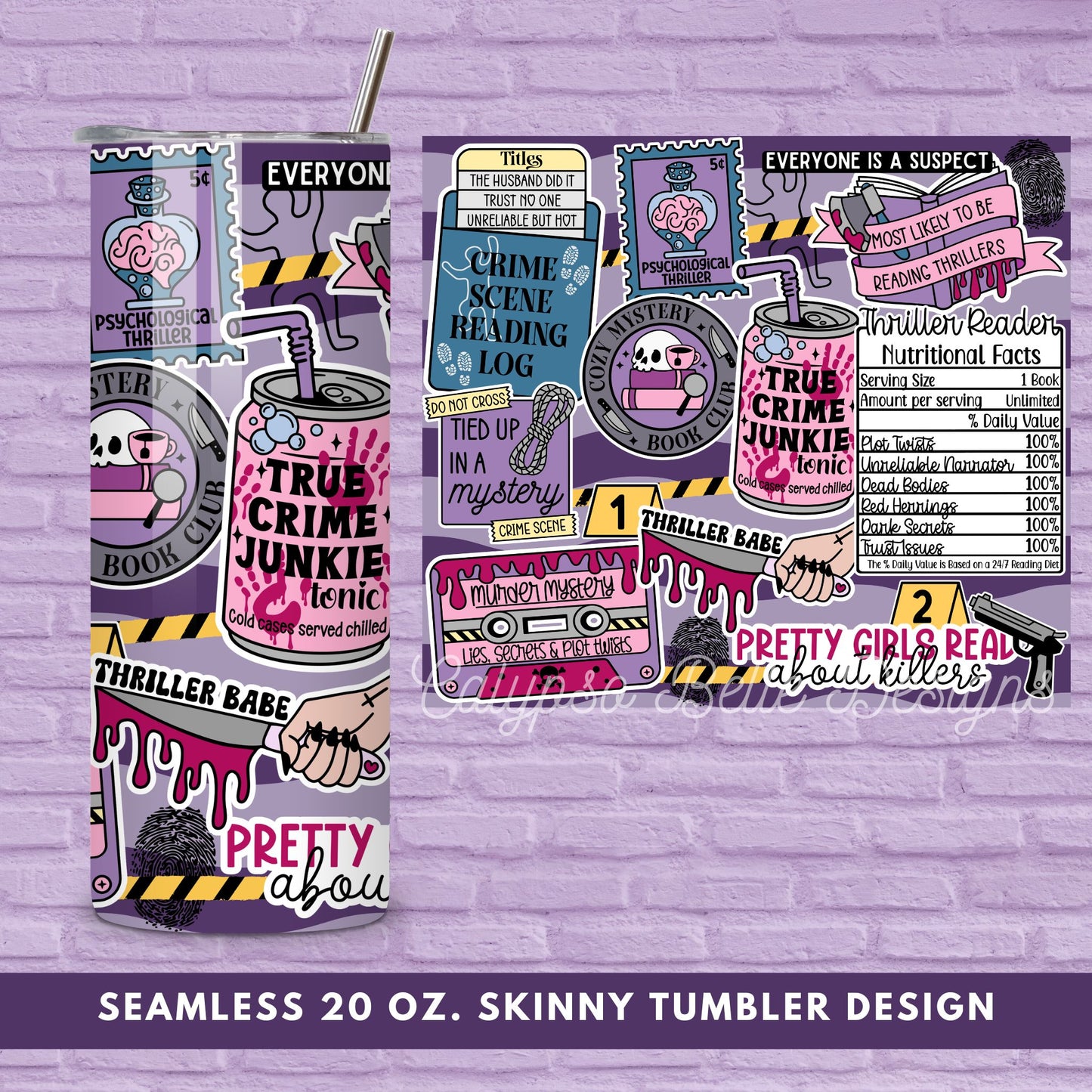 Thriller Reader 20 oz Skinny Tumbler Seamless Wrap, Bookish Pattern