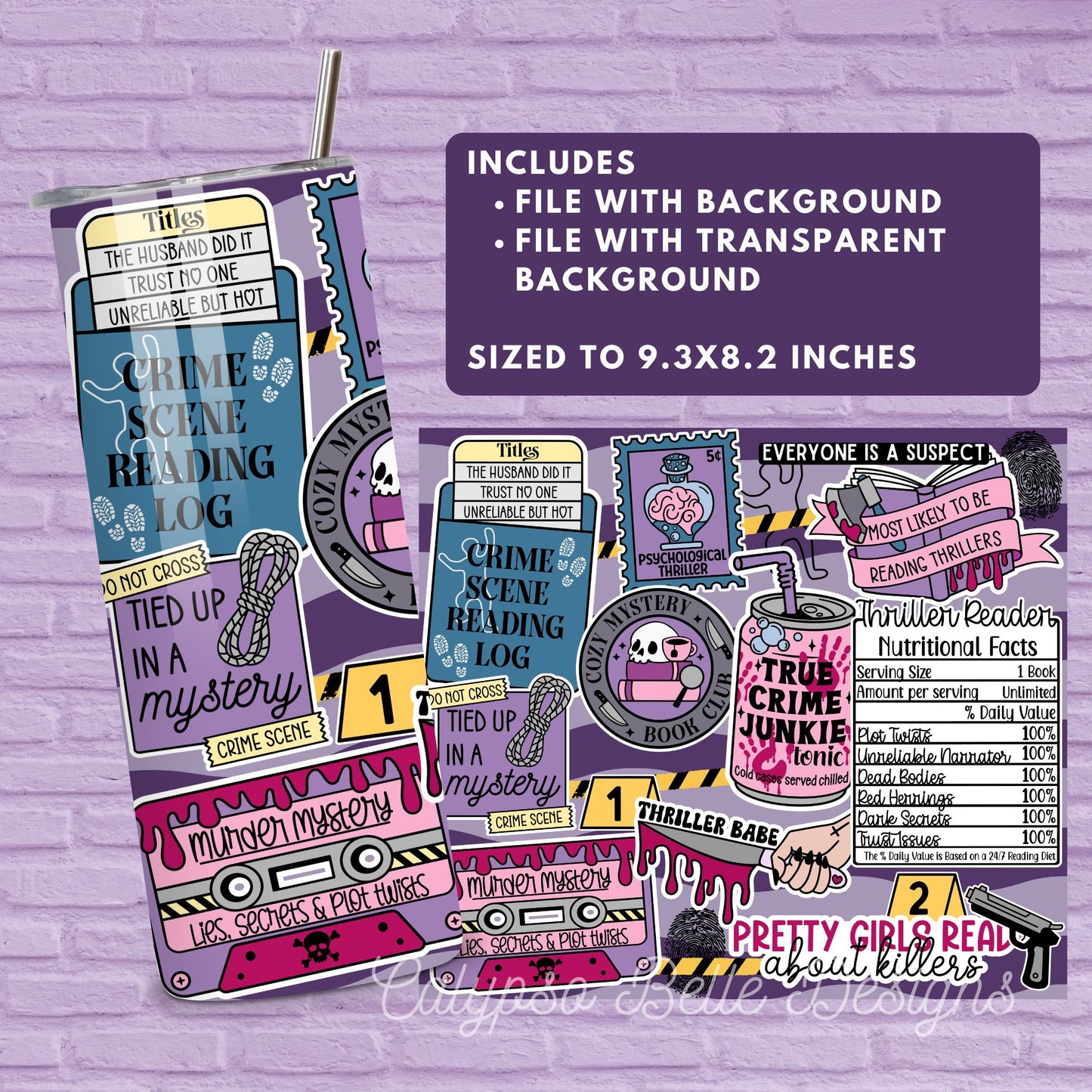 Thriller Reader 20 oz Skinny Tumbler Seamless Wrap, Bookish Pattern