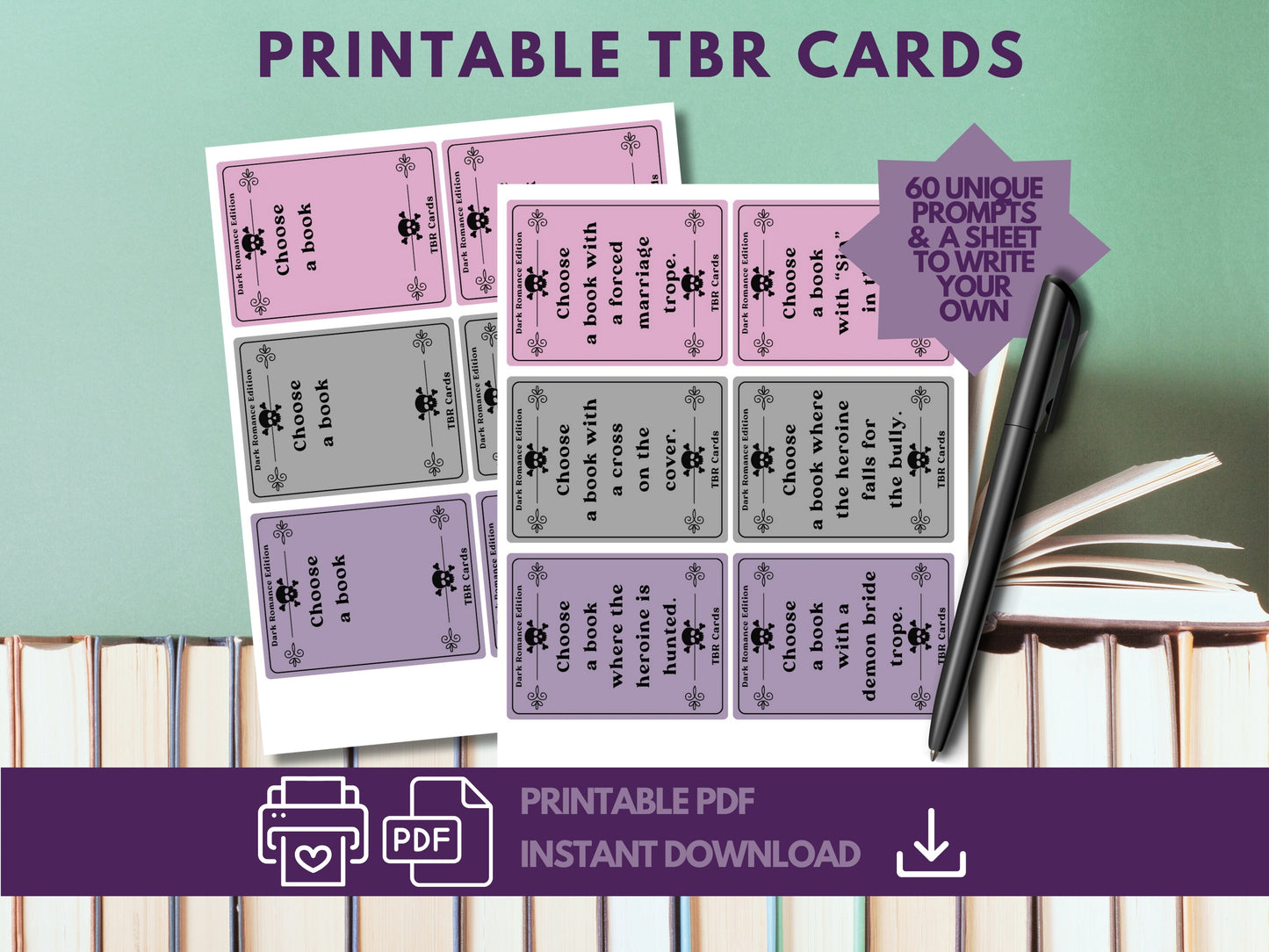 Dark Romance Edition, TBR Cards Printable, TBR Jar Printable, Bookish Printable