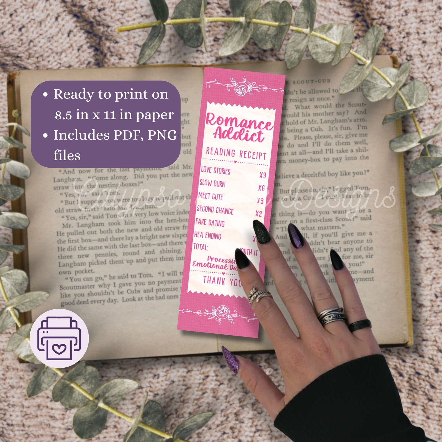 Romance Reading Receipt Bookmark Bundle, Printable Bookmarks Bundle