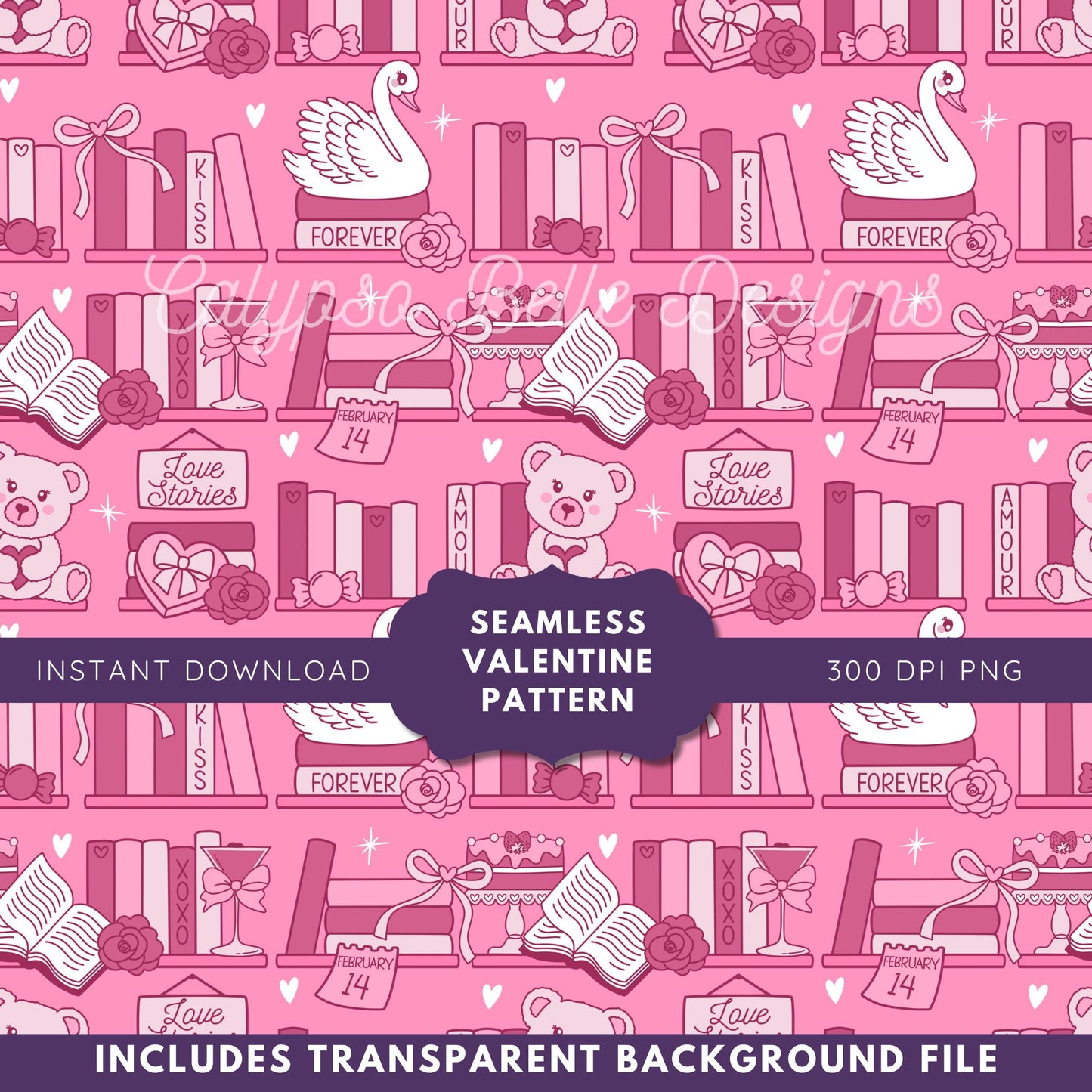 Coquette Bookshelf Valentine Reader Seamless Pattern, Bookish Pattern