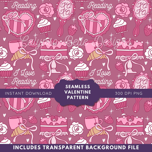 Coquette Reader Valentine Reader Seamless Pattern, Bookish Pattern
