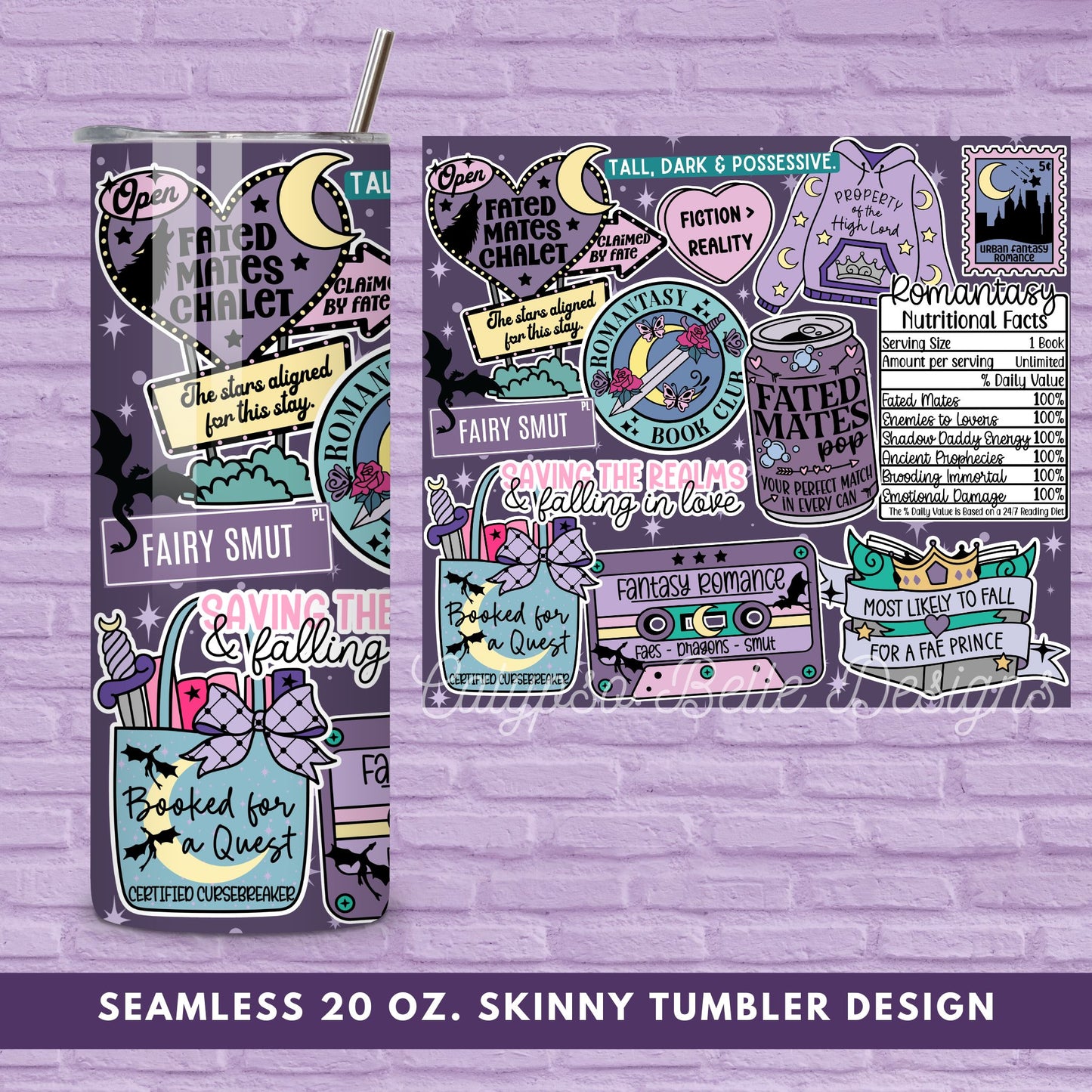 Romantasy Reader 20 oz Skinny Tumbler Seamless Wrap, Bookish Pattern
