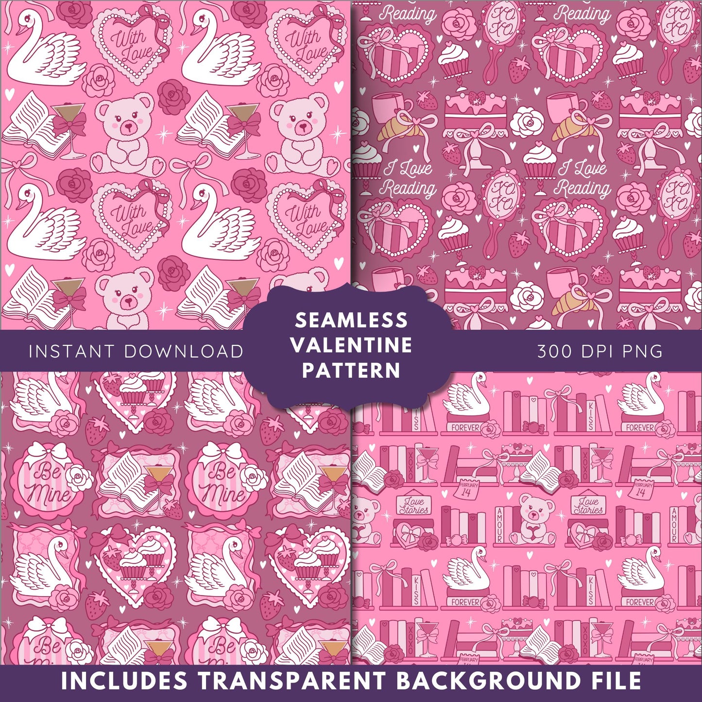 Coquette Valentine Reader Seamless Pattern Bundle, Bookish Pattern