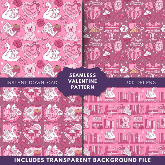 Coquette Valentine Reader Seamless Pattern Bundle, Bookish Pattern