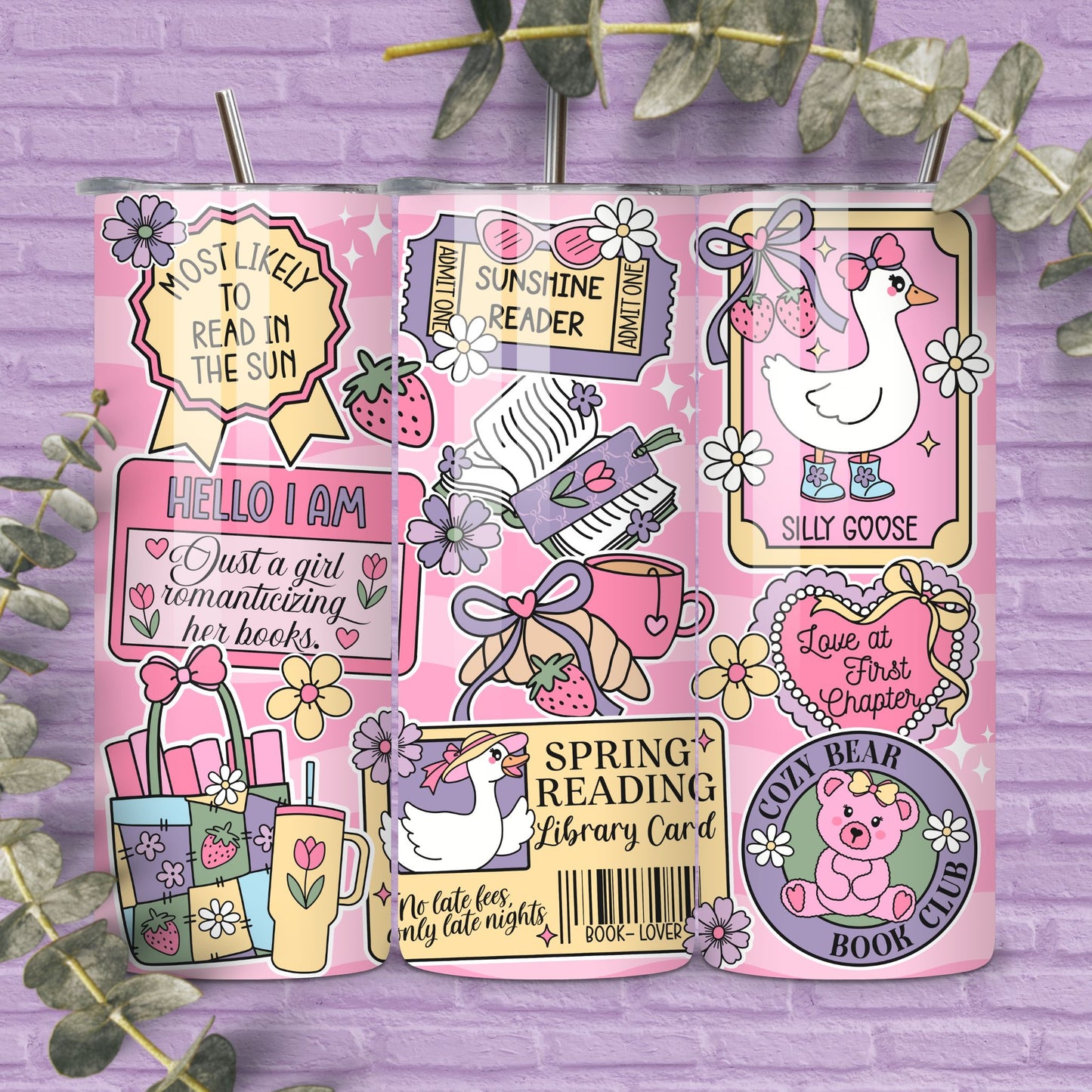 Coquette Spring Reader 20 oz Skinny Tumbler Seamless Wrap, Bookish Pattern