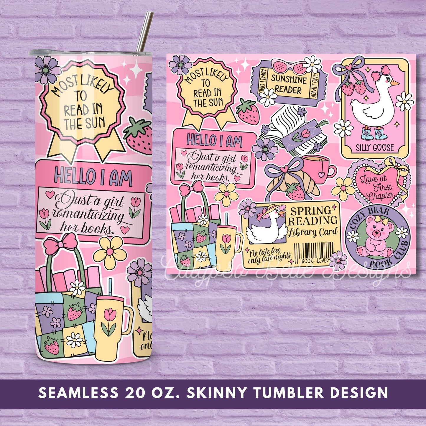 Coquette Spring Reader 20 oz Skinny Tumbler Seamless Wrap, Bookish Pattern